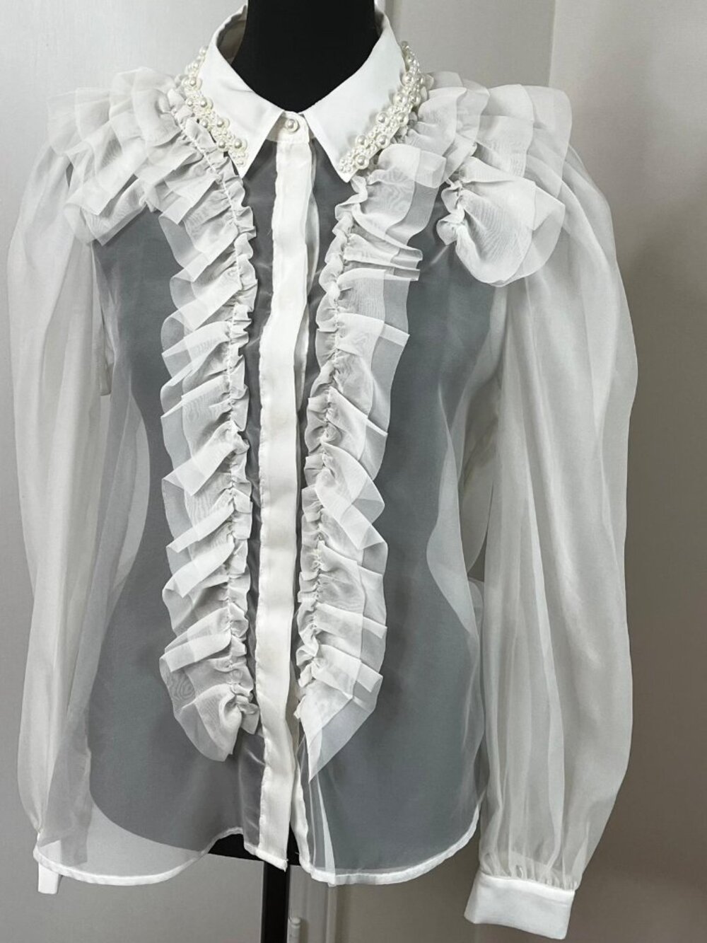 Zara - Cream Blouse with Pearls & Ruffles Elegant!